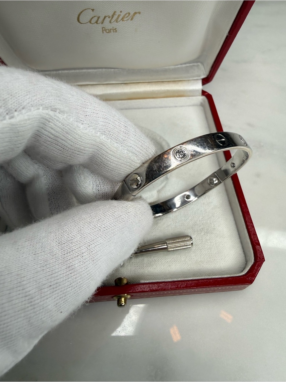 Auth Cartier 18k White Gold 6 Diamond love Bracelet with Red Box Sz 17 - Picture 4 of 14